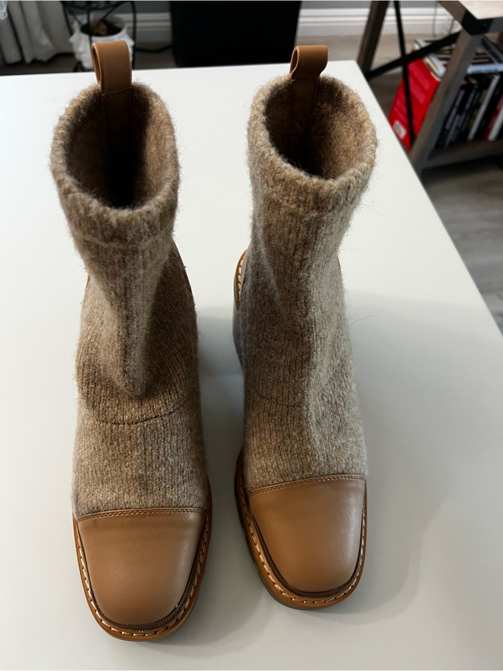 Sam Edelman Beige Knit Sock Booties with Tan Leather Toe